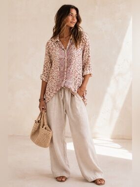 Nostalgia Elevated Boho Lagenlook Cream and Pink Floral Button-Down Shirt